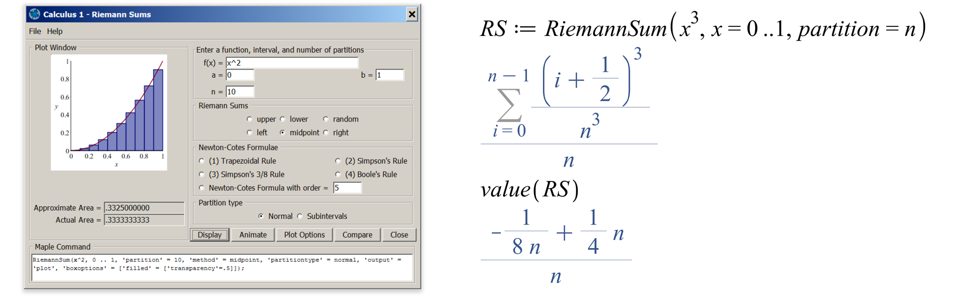 Maple Riemann Sum tutor
